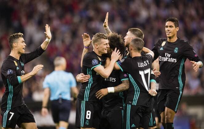 München, 25.04.2018 Torjubel: Cristiano Ronaldo (Real), Toni Kroos (Real), Marcelo (Real), Lucas Vazquez (Real), Sergio Ramos (Real), Raphael Varane (Real) Bayern München - Real Madrid