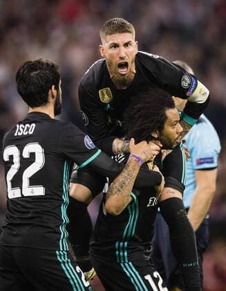 München, 25.04.2018 Torjubel: Isco (Real), Sergio Ramos (Real), Marcelo (Real) Bayern München - Real Madrid