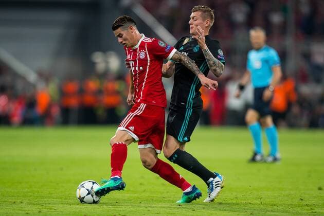 25.04.2018 MONACHIUM, PILKA NOZNA (FOOTBALL), UEFA LIGA MISTRZOW (UEFA CHAMPIONS LEAGUE), SEZON 2017 2018 , 1 4 FINAL (QUARTER-FINALS) MECZ FC BAYERN MONACHIUM - REAL MADRYT (FC BAYERN MUNCHEN - REAL MADRID) NZ JAMES RODRIGUEZ TONI KROOS FOTO LUKASZ SKWIOT CYFRASPORT NEWSPIX.PL --- Newspix.pl FRANCE OUT!  20180425CSLS0042