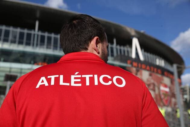 26th April 2018, Emirates Stadium, London, England; UEFA Europa League football, semi final, 1st leg, Arsenal versus Atletico Madrid; Atletico Madrid fan arriving at Emirates Stadium kick off  ActionPlus12017156