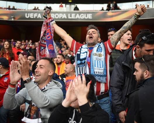 Arsenal v Atletico Madrid UEFA Europa League Semi-Final Fans of Atletico Madrid show their support prior to the UEFA Europa League Semi-Final match at the Emirates Stadium, London Content Not Available For UK Newspapers Copyright: xDanielxHamburyx FIL-11704-0009