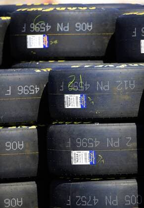 TALLADEGA, AL - APRIL 27: Goodyear Eagle tires stacked in the garage during practice for the NASCAR Motorsport USA Xfinity Series Sparks 300 race on April 4, 2018, at the Talladega Superspeedway in Talladega, AL. (Photo by David John Griffin Icon Sportswire) AUTO: APR 27 NASCAR Xfinity Series - Sparks Energy 300 Icon95318042701500 EDITORIAL USE ONLY