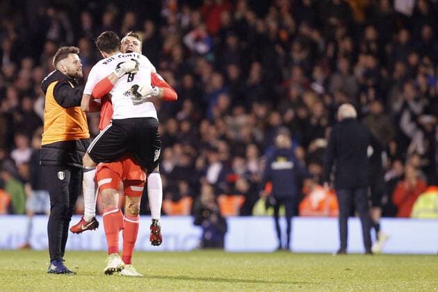 Rui Fonte and Marcus Bettinelli of Fulham celebrate at the final whistle during the EFL Sky Bet Championship match between Fulham and Sunderland at Craven Cottage, London, England on 27 April 2018. Copyright: xCarltonxMyriex 19810048
