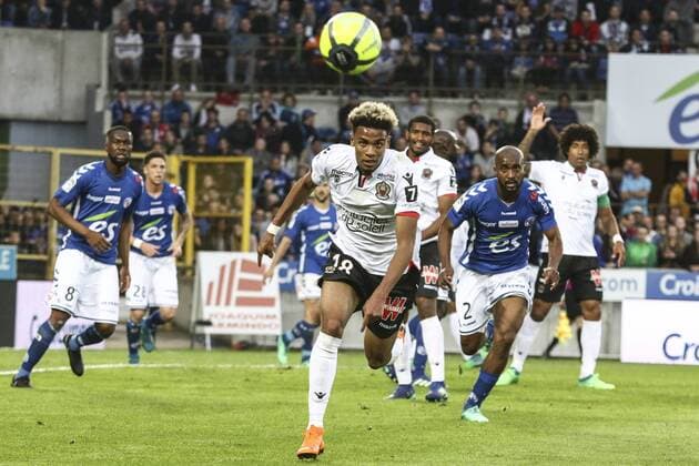 Sacko Insan 18; Nice during the French L1 football match between Strasbourg (RCSA) and Nice (OGC) on April 28, 2018 at the Meinau stadium in Strasbourg, eastern France. FOOTBALL : Strasbourg vs Nice - Ligue 1 - 28 04 2018 ElyxandroCegarra Panoramic 