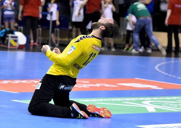 EHF-Pokal-Viertelfinale, Fuechse Berlin - RK Nexe Nasice 28.04.2018 28.04.2018,Max Schmeling Halle,EHF-Pokal,Viertelfinale, Fuechse Berlin - RK Nexe Nasice,Sieg,Jubel,Freude von Silvio Heinevetter(Fuechse Berlin 12)