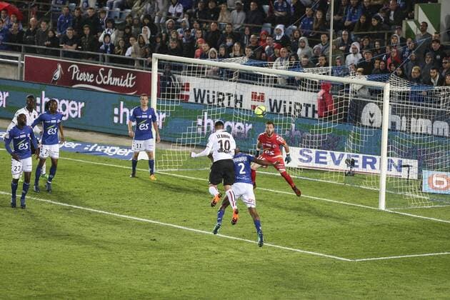 Le Bihan Mickael 10; Nice during the French L1 football match between Strasbourg (RCSA) and Nice (OGC) on April 28, 2018 at the Meinau stadium in Strasbourg, eastern France. FOOTBALL : Strasbourg vs Nice - Ligue 1 - 28 04 2018 ElyxandroCegarra Panoramic 