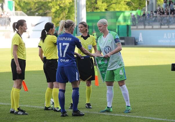 Platzwahl Katie Chapman (Chelsea LFC) und Nilla Fischer (VfL Wolfsburg)