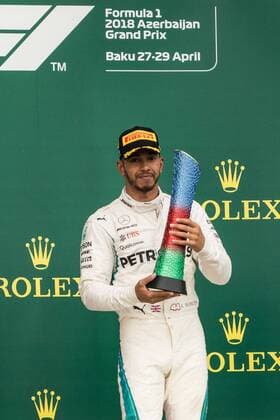 (180429) -- BAKU, April 29, 2018 -- Mercedes Lewis Hamilton of Britain celebrates with his trophy on the podium during the awarding ceremony for Azerbaijan Formula One Grand Prix in Baku, Azerbaijan, April 29, 2018. ) (SP)AZERBAIJAN-BAKU-F1-AZERBAIJAN GRAND PRIX WuxZhuang 