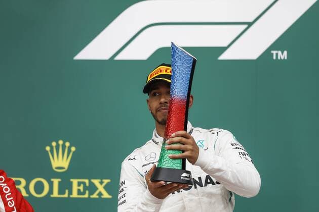HAMILTON Lewis (gbr), Mercedes AMG F1 Petronas GP W09 Hybrid EQ Power+, portrait podium during the 2018 Formula One World Championship WM Weltmeisterschaft Grand Prix of Europe in Azerbaijan from April 26 to 29 in Baku - : World Championship; 2018; Grand Prix Azerbaijan, Grand Prix of Europe, Formula 1 2018 Baku Azerbaijan
