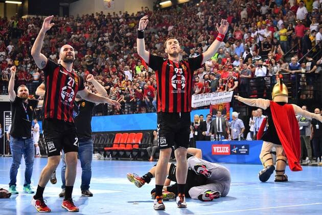 29.04.2018 Skopje(FYR Macedonia) HC Vardar-THW Kiel 2nd 1 4 final match Champions League men s handball Joan Canellas Reixach(L),Mijajlo Marsenic(r)HC Vardar celebrate after match :Str 