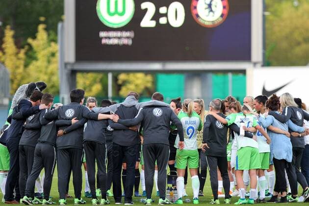 Wolfsburg vs Chelsea, CL Frauen Wolfsburg, Deutschland 29.04.2018, FUßBALL - VfL Wolfsburg vs FC Chelsea, Halbfinale, UEFA Frauen Champions League, Saison 2017-18. Bild zeigt: Schlussjubel Finale, Wolfsburg