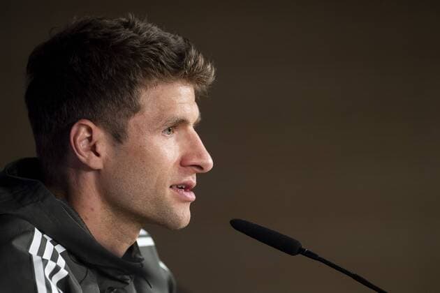 Bayern Múnich Thomas Muller during press conference PK Pressekonferenz day before UEFA Champions League semi finals match between Real Madrid and Bayern Múnich at Santiago Bernabeu Stadium in Madrid, Spain. April 30, 2018.  (20180430015)
