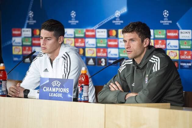 Bayern Múnich James Rodriguez and Thomas Muller during press conference PK Pressekonferenz day before UEFA Champions League semi finals match between Real Madrid and Bayern Múnich at Santiago Bernabeu Stadium in Madrid, Spain. April 30, 2018.  (20180430021)