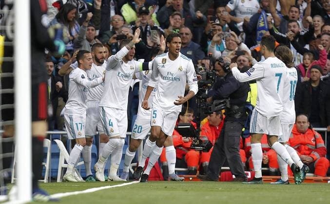 Soccer match between Real Madrid and Bayern Munich, second leg of semi finals of the Champions League 2017 2018, held at the Santiago Bernabeu stadium, in Madrid. (Photo: Jose Cuesta 261 Cordon Press). Real Madrid players celebrate after scoring.  xJosexLuisxCuestax xx