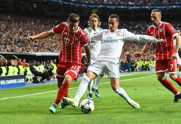 01.05.2018, xfux, Fussball Champions League, Halbfinale, Real Madrid - FC Bayern Muenchen, emspor, v.l. James Rodriguez (FC Bayern Muenchen), Lucas Vazquez (Real Madrid), Franck Ribery (FC Bayern Muenchen) Madrid