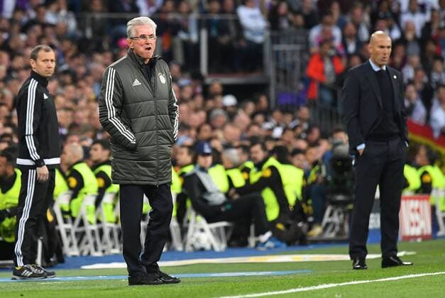 01.05.2018, xfux, Fussball Champions League, Halbfinale, Real Madrid - FC Bayern Muenchen, emspor, v.l. Jupp Heynckes (Trainer FC Bayern Muenchen), Trainer Zinedine Zidane (Real Madrid) Madrid