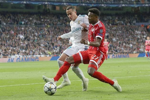 Lucas Vazquez ( Real Madrid CF 17 ) David Alaba (FC Bayern Muenchen 27), Real Madrid CF vs FC Bayern Muenchen, Champions League, Halbfinale, Fussball, 01.05.2018, Real Madrid CF vs FC Bayern Muenchen, Champions League, Halbfinale, Fussball, 01.05.2018 Madrid Copyright: xLanger Eibner-Pressefotox EP_HLR