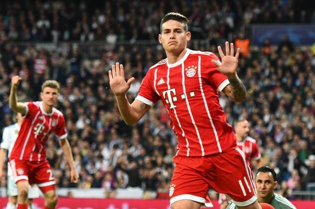 01.05.2018, xfux, Fussball Champions League, Halbfinale, Real Madrid - FC Bayern Muenchen, emspor, v.l. James Rodriguez (FC Bayern Muenchen) celebrate the goal, Der Torjubel zum Goal scored, erziehlt das Tor zum 2:2 Madrid