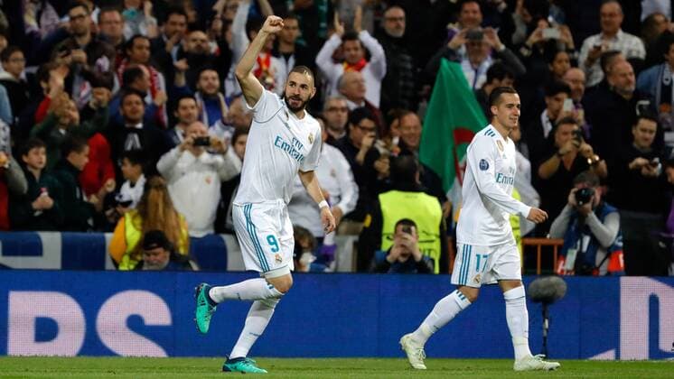 Madrid, Spanien 01.05.2018, UEFA Champions League - 2017 18 Season, Semi-finals, Halbfinale, Second leg, Rueckspiel, Real Madrid - FC Bayern Muenchen, Karim Benzema (Real Madrid) jubelt nach seinem treffer zum 2:1 ( DeFodi523
