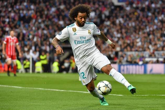 Marcelo da Silva Junior (Real Madrid), Aktion,Einzelaktion,Einzelbild, Freisteller,Ganzkoerperaufnahme,ganze Figur. Fussball Champions League, Halbfinale, Real Madrid-FC Bayern Muenchen 2-2. am 01.05.2018,E S T A D I O S A N T I A G O B E R N A B E U.