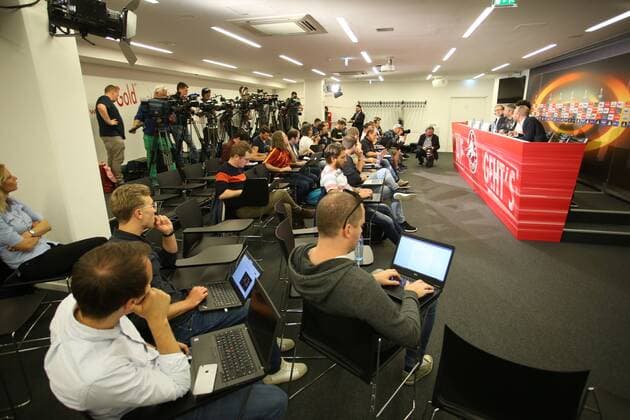 SOCCER - EL, RBS vs Marseille SALZBURG,AUSTRIA,02.MAY.18 - SOCCER - UEFA Europa League, semifinal, Red Bull Salzburg vs Olympique de Marseille, preview, press conference PK Pressekonferenz RBS. Image shows an overview. GEPAxpictures xMathiasxMandl