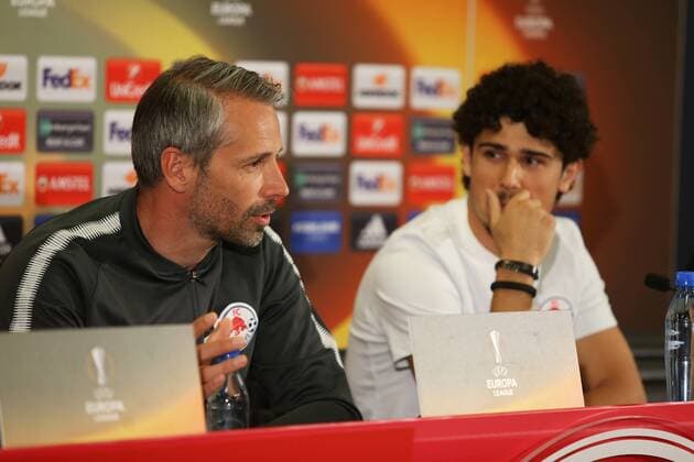 SOCCER - EL, RBS vs Marseille SALZBURG,AUSTRIA,02.MAY.18 - SOCCER - UEFA Europa League, semifinal, Red Bull Salzburg vs Olympique de Marseille, preview, press conference PK Pressekonferenz RBS. Image shows head coach Marco Rose and Andre Ramalho (RBS). GEPAxpictures xMathiasxMandl