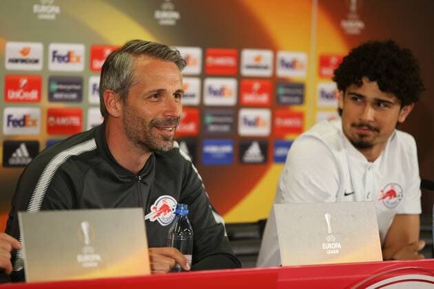 SOCCER - EL, RBS vs Marseille SALZBURG,AUSTRIA,02.MAY.18 - SOCCER - UEFA Europa League, semifinal, Red Bull Salzburg vs Olympique de Marseille, preview, press conference PK Pressekonferenz RBS. Image shows head coach Marco Rose and Andre Ramalho (RBS). GEPAxpictures xMathiasxMandl