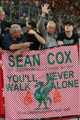 2nd May 2018, Stadio Olimpico, Rome, Italy; UEFA Champions League football, semi final, 2nd leg, AS Roma versus Liverpool; supporters of Liverpool with a banner for Sean Cox before the game  ActionPlus12018943