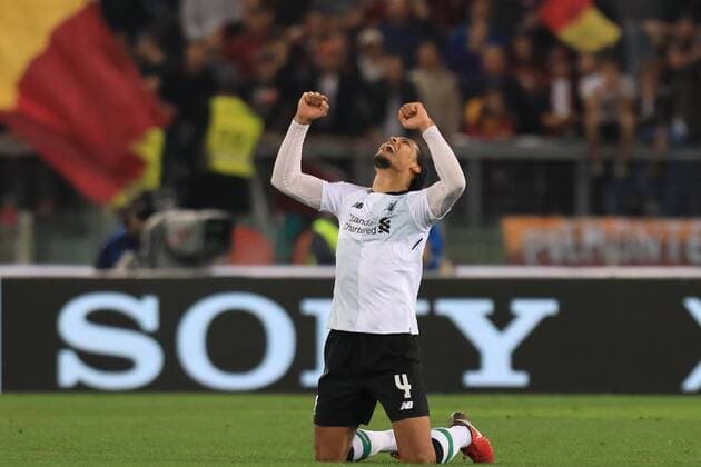 2nd May 2018, Stadio Olimpico, Rome, Italy; UEFA Champions League football, semi final, 2nd leg, AS Roma versus Liverpool; Virgil Van Dijk of Liverpool celebrates at the final whistle as Liverpool goes through to the UEFA Champions League final  ActionPlus12019001