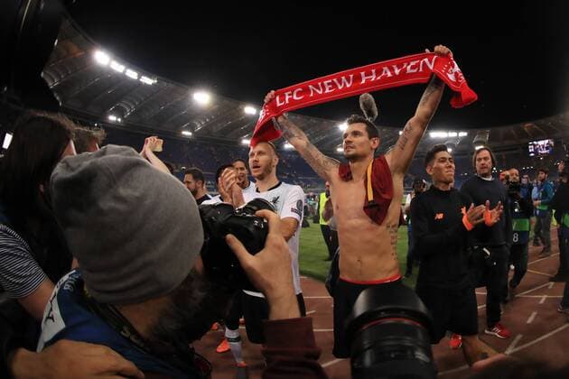 2nd May 2018, Stadio Olimpico, Rome, Italy; UEFA Champions League football, semi final, 2nd leg, AS Roma versus Liverpool; Dejan Lovren celebrates as Liverpool goes through to the UEFA Champions League final on a 7-6 aggregate score  ActionPlus12019005