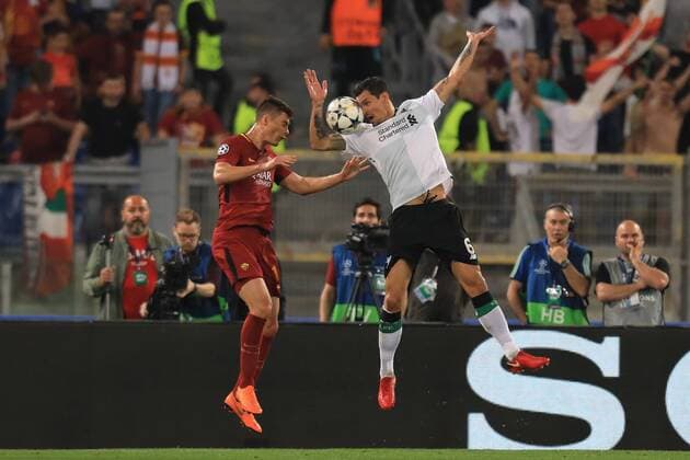 2nd May 2018, Stadio Olimpico, Rome, Italy; UEFA Champions League football, semi final, 2nd leg, AS Roma versus Liverpool; Dejan Lovren of Liverpool appears to handle the ball in the box but was not given  ActionPlus12019072