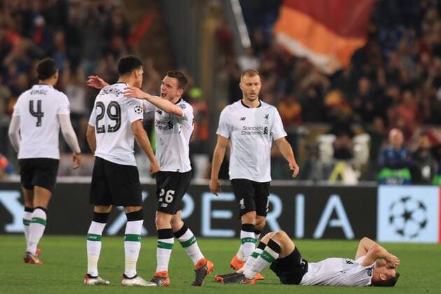 2nd May 2018, Stadio Olimpico, Rome, Italy; UEFA Champions League football, semi final, 2nd leg, AS Roma versus Liverpool; James Milner of Liverpool falls to the floor in celebrations as Liverpool qualify for UEFA Champions League final  ActionPlus12019086