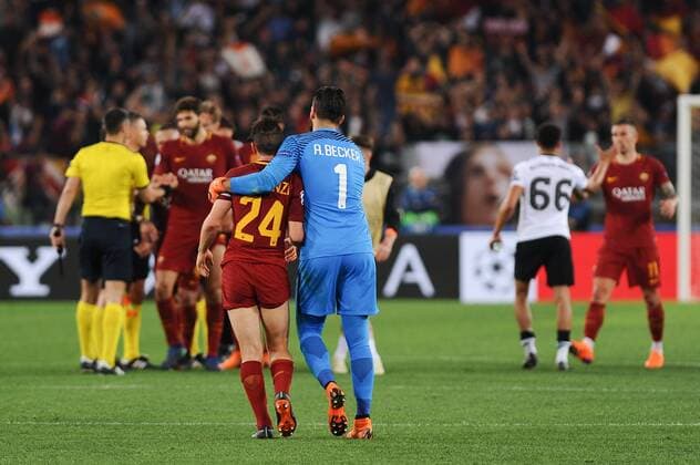 IPP20180502 Football - soccer: UEFA Champions League 2017 2018, AS Rom - FC Liverpool, Alisson consola Alessandro Florenzi. (Hinweis: Verwendung nur in Deutschland - only Germany) *** IPP20180502 Football soccer UEFA Champions League 2017 2018 AS Roma Liverpool FC Alisson consola Alessandro Florenzi Note Use only in Germany only Germany 