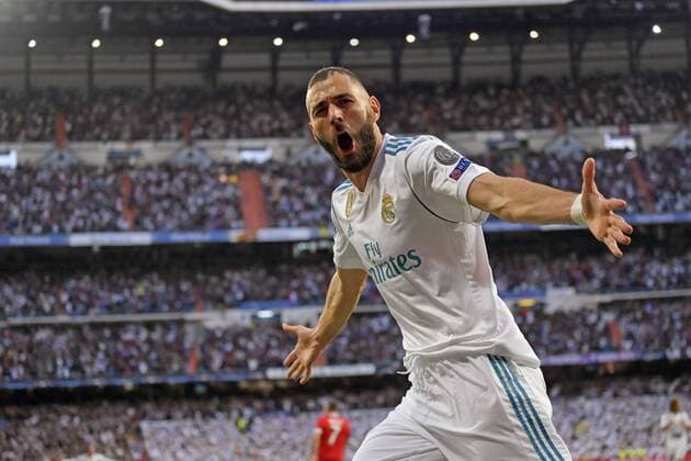 01.05.2018, Fussball UEFA Champions League 2017 2018, Halbfinale Rückspiel, Real Madrid - FC Bayern München, im Bernabeu-Stadion Madrid. Torjubel Karim Benzema (Real Madrid).
