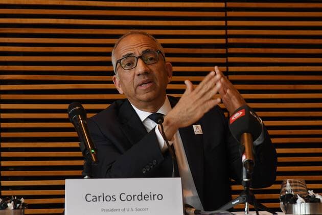 Copenhagen Denmark 03.May 2018_Canad, Mexicao and the United Statess united bid to the Host 2026 FIFA World Cup WM Weltmeisterschaft Fussball carlos Cordeiro USA Soccer Presideent and Decio de Maria MexicanFootball Federation President and Peter Montopoli,Canadian Soccer Assocaíation Genera Secretary met with Nordi countries here in Clarion Hotel at airport Copenhagen today and united bid to Host the 2016 FIFA World Cup. . (Photo.Francis Joseph Dean Deanpictures. 