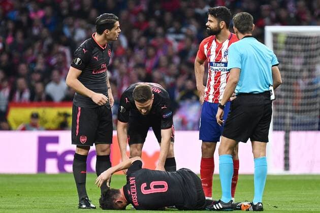 Atletico Madrid v Arsenal UEFA Europa League Semi-Final Laurent Koscielny of Arsenal is injured during the UEFA Europa League Semi-Final match at the Wanda Metropolitano Stadium, Madrid Content Not Available For UK Newspapers Copyright: xKristianxKanex FIL-11741-0027
