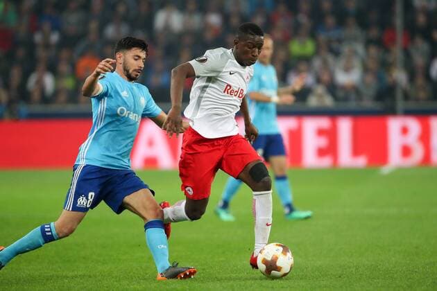 SOCCER - EL, RBS vs Marseille SALZBURG,AUSTRIA,03.MAY.18 - SOCCER - UEFA Europa League, semifinal, Red Bull Salzburg vs Olympique Marseille. Image shows Morgan Sanson (Marseille) and Amadou Haidara (RBS). GEPAxpictures xChristianxWalgram