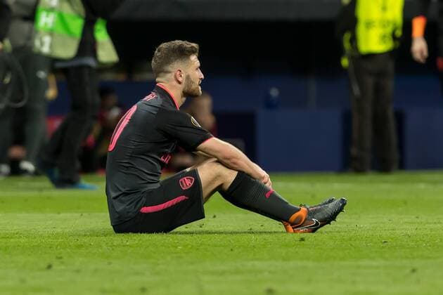 Spanien, Madrid 03.05.2018, UEFA Europa League - 2017 2018 Season, Semi-finals, Second leg, Halbfinale, Atletico Madrid - Arsenal FC, Shkodran Mustafi (AFC) enttaeuscht ( DeFodi048