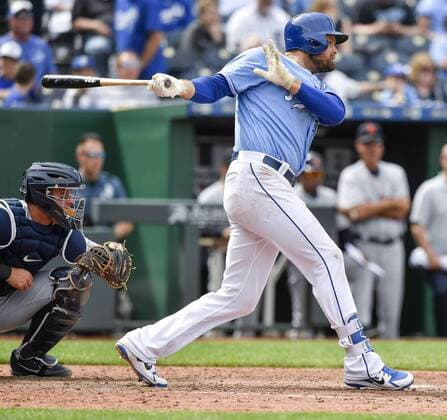 May 3, 2018 - Kansas City, MO, USA - Kansas City Royals Lucas Duda follows through on a two-run single in the sixth inning against the Detroit Tigers on May 3, 2018, at Kauffman Stadium in Kansas City, Mo. Tigers vs Royals - ZUMAm67_ 20180503_zaf_m67_042 Copyright: xJohnxSleezerx