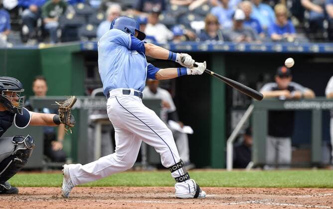 May 3, 2018 - Kansas City, MO, USA - Kansas City Royals Alex Gordon connects on a solo home run in the fourth inning during Thursday s baseball game against the Detroit Tigers on May 3, 2018, at Kauffman Stadium in Kansas City, Mo. MLB Baseball Herren USA 2018: Royals 10:6 Tigers - ZUMAm67_ 20180503_zaf_m67_031 Copyright: xJohnxSleezerx