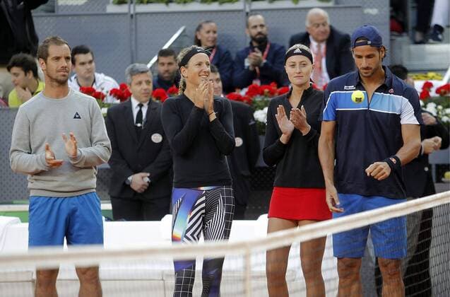 Manolo Santana Charity, match of tennis during Madrid Open of Tennis in profit of two NGOs for support programs for women and girls in vulnerability situation. (Photo: Jose Cuesta 261 Cordon Press). Gasquet, Azarenka, Mladenovic and Feliciano Lopez. Cordon Press Manolo Santana Charity, partido de tenis durante el Madrid Open de Tenis en beneficio de dos ONG  xJ.xLuisxCuestax xx