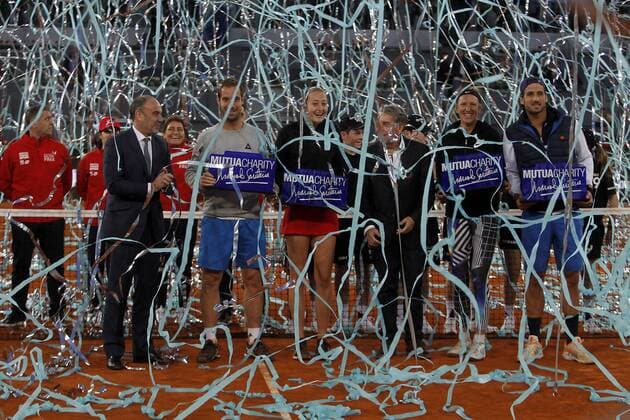 Manolo Santana Charity, match of tennis during Madrid Open of Tennis in profit of two NGOs for support programs for women and girls in vulnerability situation. (Photo: Jose Cuesta 261 Cordon Press). Gasquet, Mladenovic Manolo Santana, Azarenka and Feliciano Lopez. Cordon Press Manolo Santana Charity, partido de tenis durante el Madrid Open de Tenis en beneficio de dos ONG  xJ.xLuisxCuestax xx