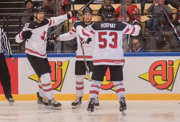 04.05.2018, xblx, Eishockey WM 2018, USA - Kanada, emspor, v.l. Colton Parayko (Team Canada, Kanada), Pierre-Luc Dubois (Team Canada, Kanada), Bo Horvat (Team Canada, Kanada), Goal scored, Tor zum 0:1, celebrate the goal, Torjubel Herning