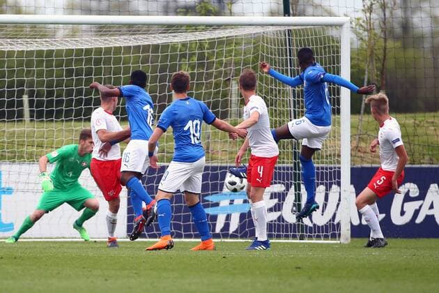 4th May, St Georges Park, Burton-on-Trent, England; UEFA Under 17 European Championships, Italy U17s versus Switzerland U17s; Jean Freddi Pascal Greco of Italy (16) scores with a header in the 22nd minute beating Lucio Soldini of Switzerland  ActionPlus12019462