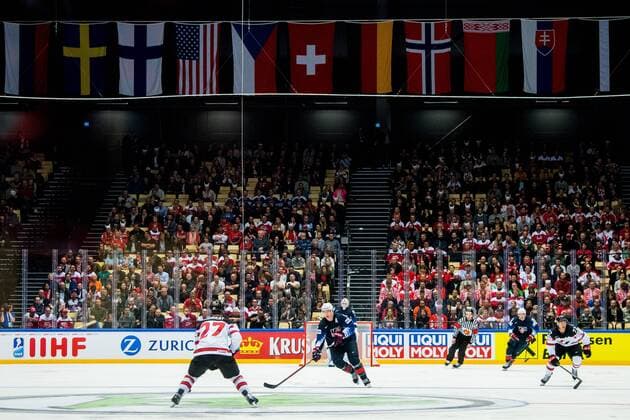 180504 General view of Jyske Bank Boxen during the IIHF Ice hockey Eishockey World Championship WM Weltmeisterschaft match between USA and Canada on May 4, 2018 in Herning. Photo: Vegard Wivestad Gr¿tt BILDBYRN kod VG 170149 Copyright: VEGARDxWIVESTADxGR¯TT BB180504BB204