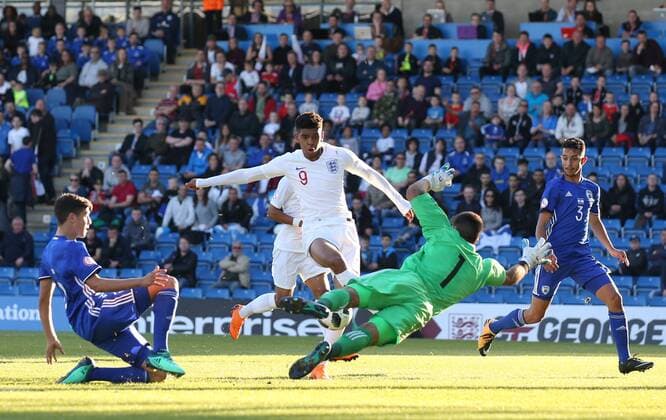 Tyreece John-Jules of England forces a save out of Shareef Keouf of Israel during the group stage match at Proact Stadium, Chesterfield. Picture date 4th May 2018. Picture credit should read: Simon Bellis Sportimage EDITORIAL USE ONLY. No use with unauthorised audio, video, data, fixture lists, club league logos or live services. Online in-match use limited to 120 images, no video emulation. No use in betting, games or single club league player publications.
