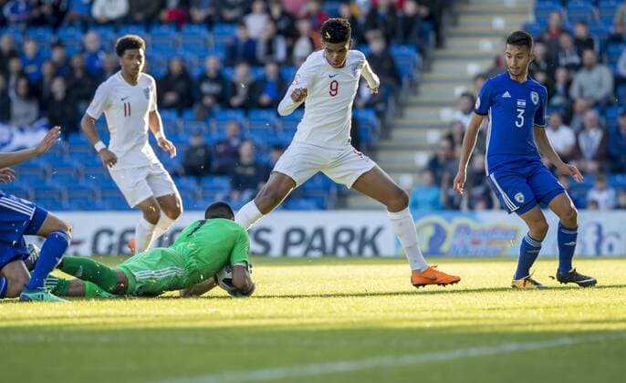 4th May, Proact Stadium, Derbyshire, England; UEFA Under 17 European Championships, England U17s versus Israel U17s; Israel goalkeeper Shareef Keouf keeps hold of the ball as Tyreece John Jules of England comes in to challenge  ActionPlus12019571