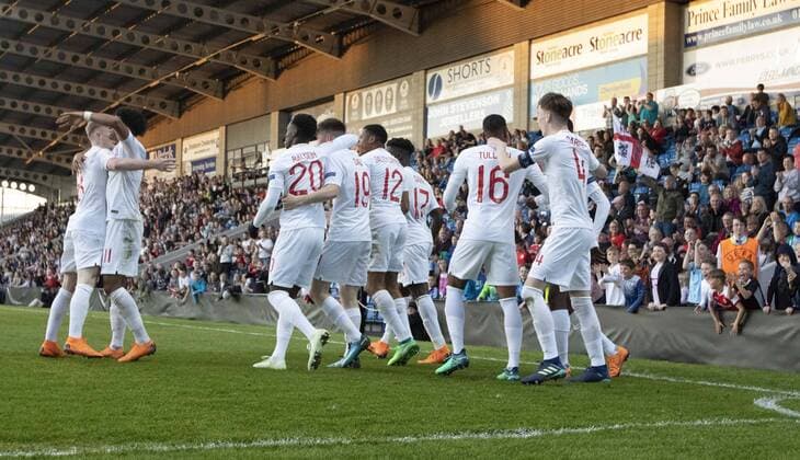 4th May, Proact Stadium, Derbyshire, England; UEFA Under 17 European Championships, England U17s versus Israel U17s; Matthew Daly of England celebrates with James Garner of England after scoring in the 61st minute (2-1)  ActionPlus12019729