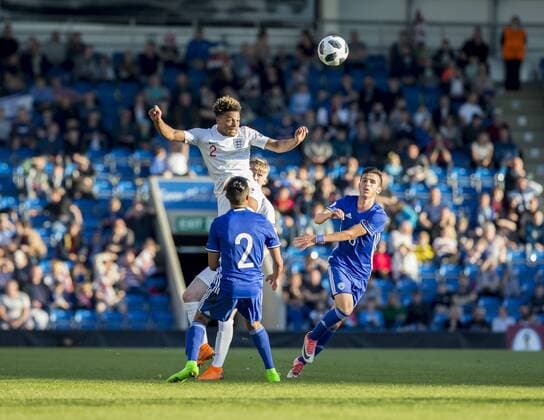 4th May, Proact Stadium, Derbyshire, England; UEFA Under 17 European Championships, England U17s versus Israel U17s; Dylan Crowe of England gets above Guy Hakim of Israel to head the ball  ActionPlus12019815