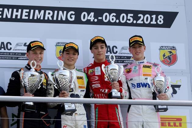 Das Podium mit Liam Lawson (NEZ) (Van Amersfoort Racing), Lirim Zendeli (GER) (US Racing - CHRS), Oliver Caldwell (GB) (Prema Powerteam) und David Schumacher (GER) (US Racing - CHRS) v.li. bei der Formel 4 Meisterschaft beim DTM-Lauf auf dem Hockenheimring. Copyright Thomas Pakusch